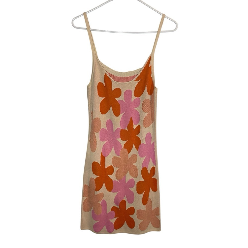 Beige Flower Power Floral Knit Dress with Pink & Orange Blooms